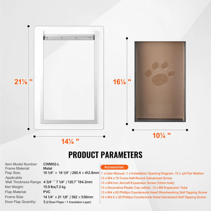 Pet Door, 14.25 X 21.1?Metal?Frame with Lock And?3-Flap System, Weatherproof Doggy Door, Easy to Install in Interior?Or Exterior Walls, Pet Door Suitable for Cat Doggie Kitties (White-Large)