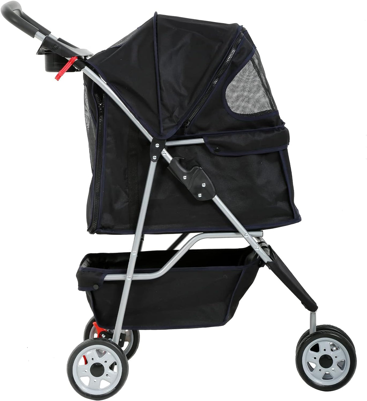Lightweight 3-Wheel Pet Stroller for Small to Medium Dogs and Cats, Foldable Design with Breathable Mesh, Weather Cover, and Storage Basket for Outdoor Travel (Black)