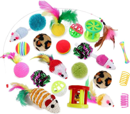 32-Piece Interactive Cat Toy Set with Foldable Rainbow Tunnel, Feather Teaser Wand, Fluffy Mouse, Crinkle Balls, and Bell for Cats and Kittens