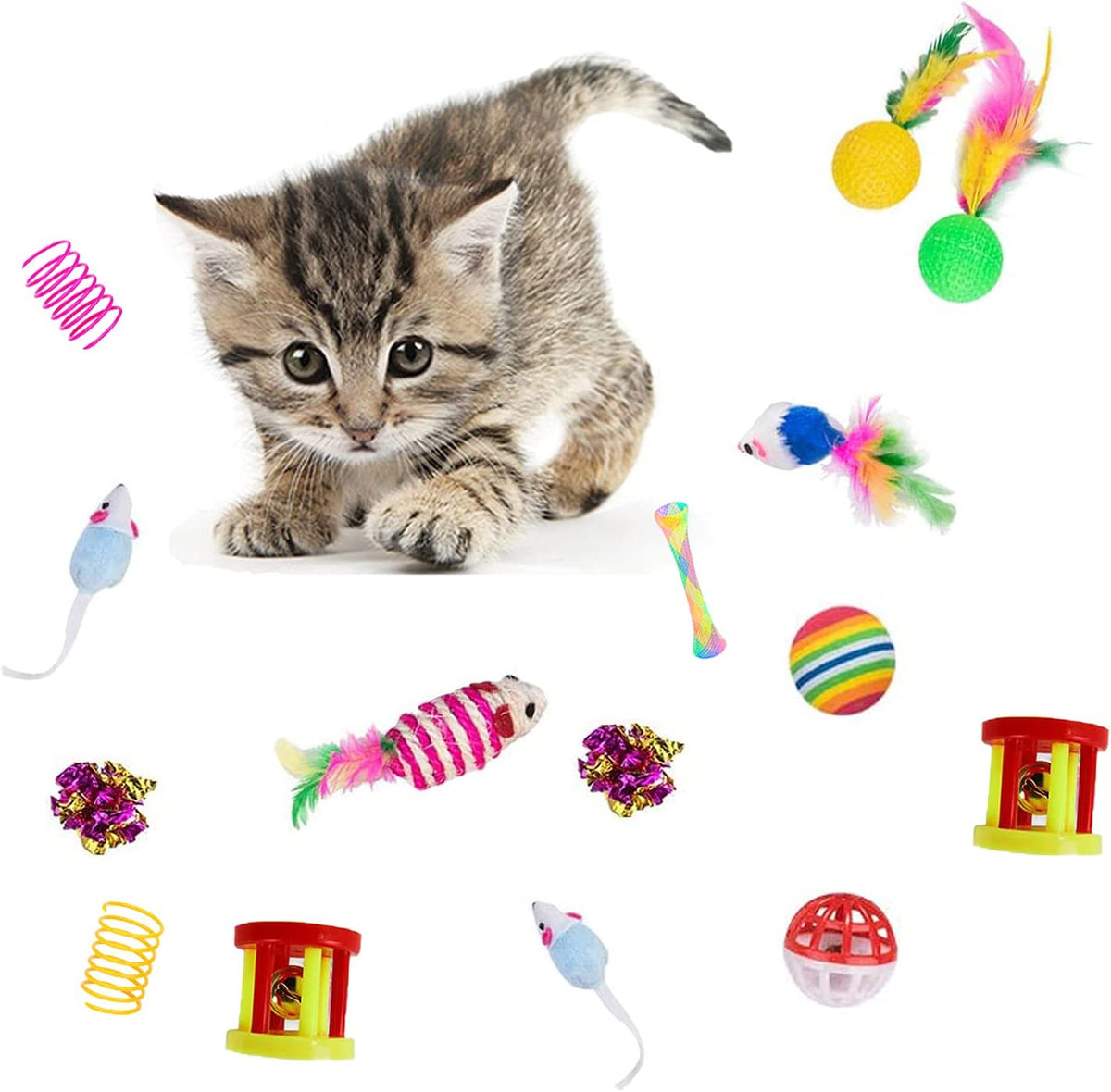 32-Piece Interactive Cat Toy Set with Foldable Rainbow Tunnel, Feather Teaser Wand, Fluffy Mouse, Crinkle Balls, and Bell for Cats and Kittens