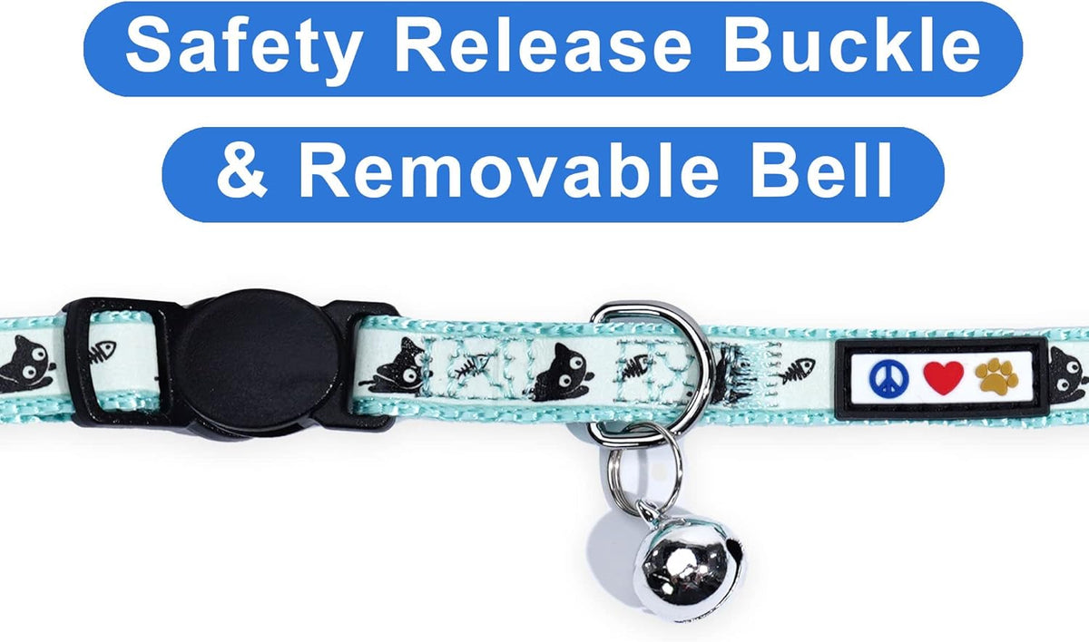 Teal Glow-in-the-Dark Cat Collar with Breakaway Safety Buckle and Adjustable Bell for Kittens