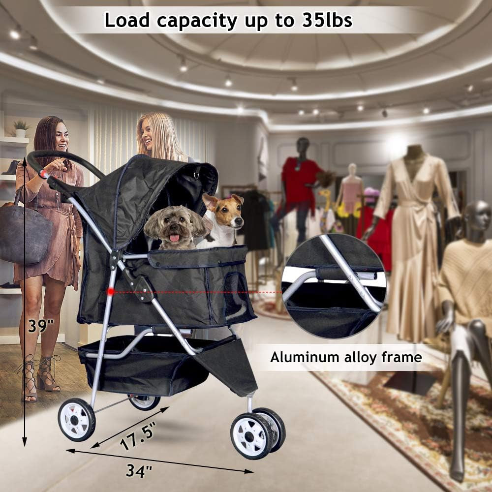 Lightweight 3-Wheel Pet Stroller for Small to Medium Dogs and Cats, Foldable Design with Breathable Mesh, Weather Cover, and Storage Basket for Outdoor Travel (Black)