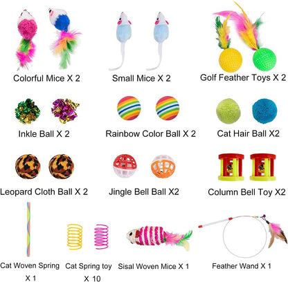 32-Piece Interactive Cat Toy Set with Foldable Rainbow Tunnel, Feather Teaser Wand, Fluffy Mouse, Crinkle Balls, and Bell for Cats and Kittens