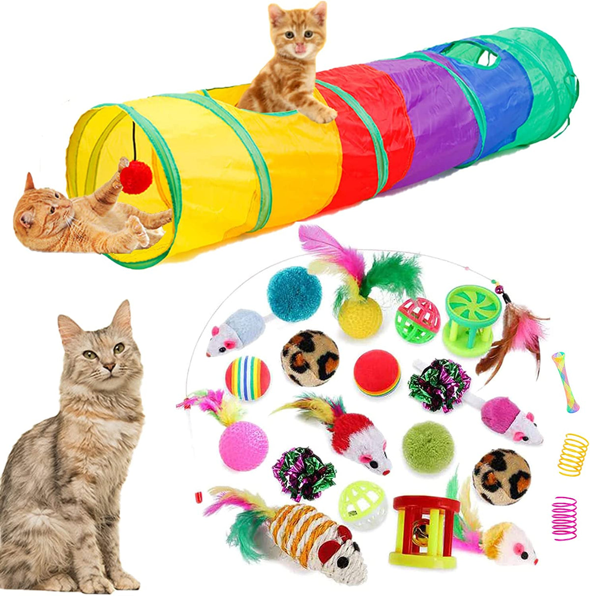 32-Piece Interactive Cat Toy Set with Foldable Rainbow Tunnel, Feather Teaser Wand, Fluffy Mouse, Crinkle Balls, and Bell for Cats and Kittens