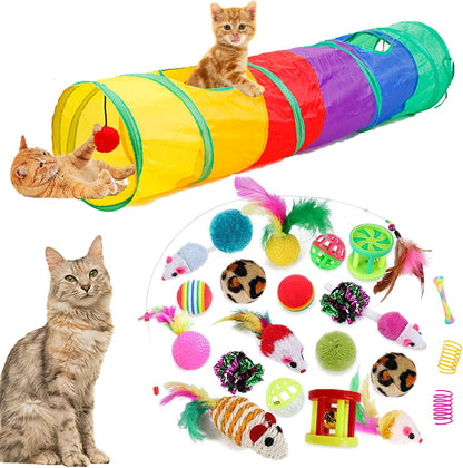 32-Piece Interactive Cat Toy Set with Foldable Rainbow Tunnel, Feather Teaser Wand, Fluffy Mouse, Crinkle Balls, and Bell for Cats and Kittens
