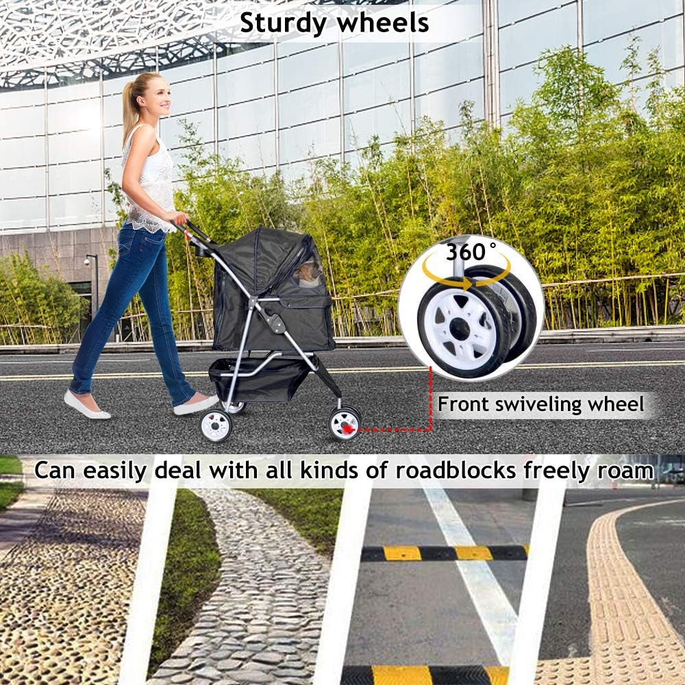 Lightweight 3-Wheel Pet Stroller for Small to Medium Dogs and Cats, Foldable Design with Breathable Mesh, Weather Cover, and Storage Basket for Outdoor Travel (Black)