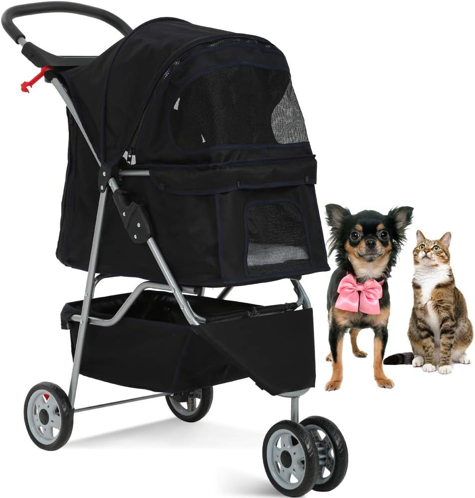 Lightweight 3-Wheel Pet Stroller for Small to Medium Dogs and Cats, Foldable Design with Breathable Mesh, Weather Cover, and Storage Basket for Outdoor Travel (Black)