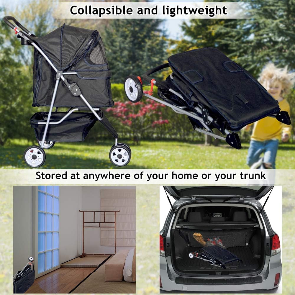 Lightweight 3-Wheel Pet Stroller for Small to Medium Dogs and Cats, Foldable Design with Breathable Mesh, Weather Cover, and Storage Basket for Outdoor Travel (Black)