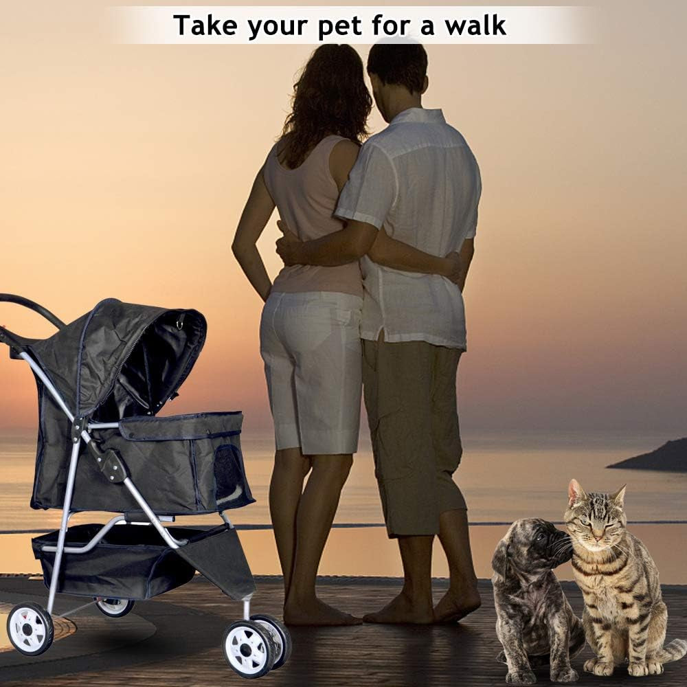 Lightweight 3-Wheel Pet Stroller for Small to Medium Dogs and Cats, Foldable Design with Breathable Mesh, Weather Cover, and Storage Basket for Outdoor Travel (Black)