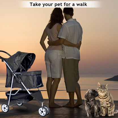 Lightweight 3-Wheel Pet Stroller for Small to Medium Dogs and Cats, Foldable Design with Breathable Mesh, Weather Cover, and Storage Basket for Outdoor Travel (Black)