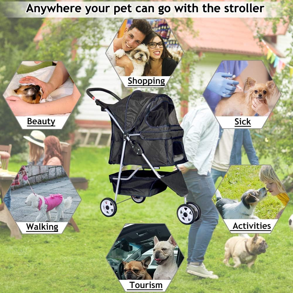 Lightweight 3-Wheel Pet Stroller for Small to Medium Dogs and Cats, Foldable Design with Breathable Mesh, Weather Cover, and Storage Basket for Outdoor Travel (Black)