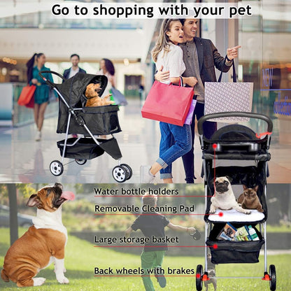 Lightweight 3-Wheel Pet Stroller for Small to Medium Dogs and Cats, Foldable Design with Breathable Mesh, Weather Cover, and Storage Basket for Outdoor Travel (Black)