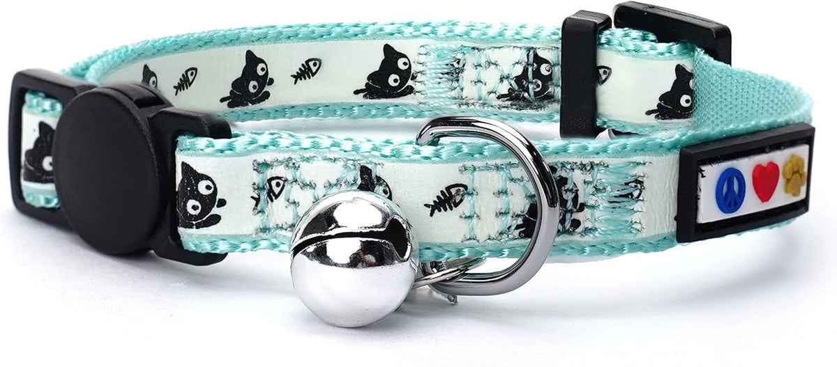 Teal Glow-in-the-Dark Cat Collar with Breakaway Safety Buckle and Adjustable Bell for Kittens