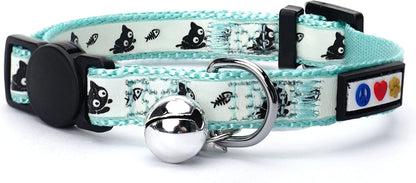Teal Glow-in-the-Dark Cat Collar with Breakaway Safety Buckle and Adjustable Bell for Kittens