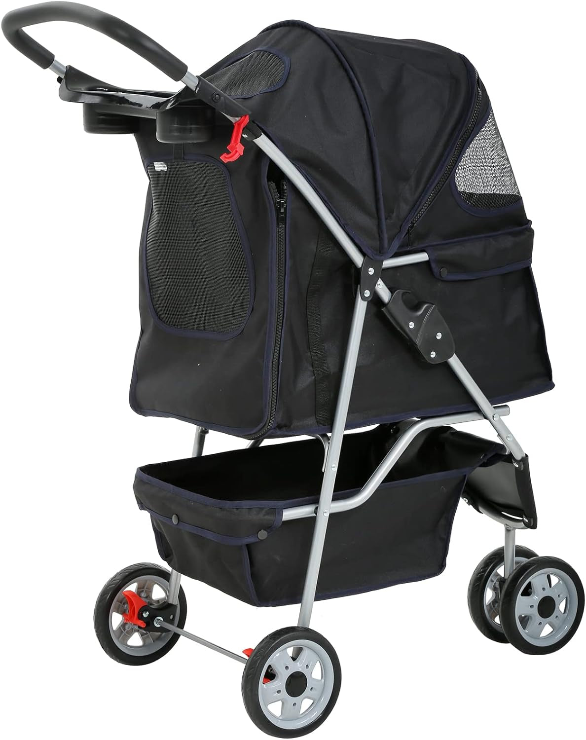 Lightweight 3-Wheel Pet Stroller for Small to Medium Dogs and Cats, Foldable Design with Breathable Mesh, Weather Cover, and Storage Basket for Outdoor Travel (Black)